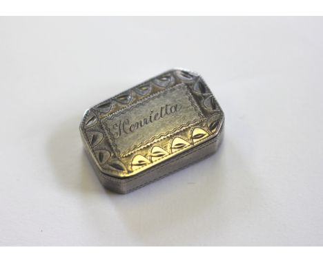 A silver patch box Joseph Willmore, Birmingham 1808, of canted rectangular form, the cover engraved 'Henrietta', 2.3cm wide, 