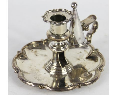 A George IV silver chamber stick, Creswick & Co, Sheffield, 1825; with a silver plated three piece trea set and other plated 