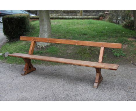 A Victorian pine hall bench, with X frame end supports, 236cm