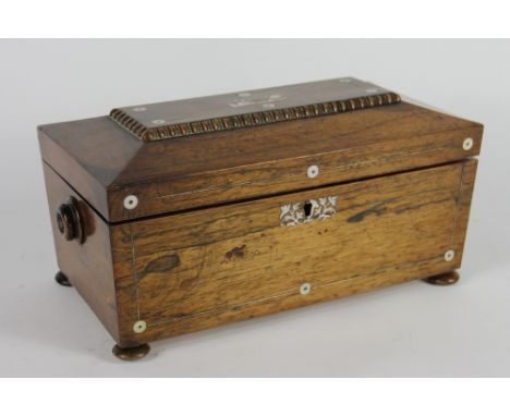 A William IV rosewood tea caddy, with mother of pearl inlay, on bun toes, 33cm 