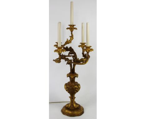 A Louis XV style giltwood and gesso five light electrolier, 93cm
