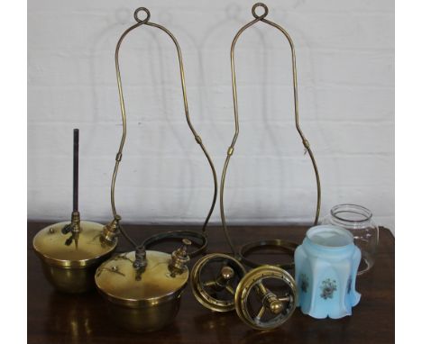 A pair of brass Tilly Lamp ceiling lights, patent numbers 202485, with a clear glass shade and a blue glass shade (4)