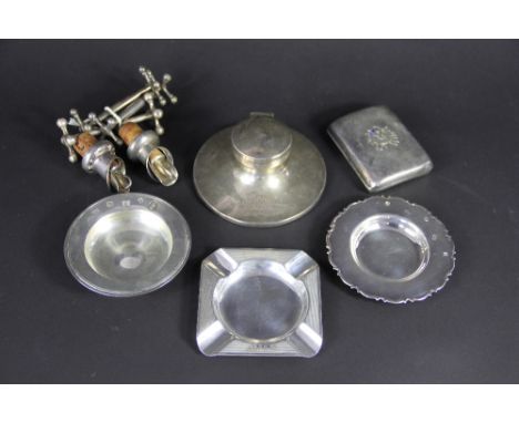 A collection of silver wares, to include; A silver capstan inkwell (engraved) Birmingham 1911, base 11cm diameter, a silver c