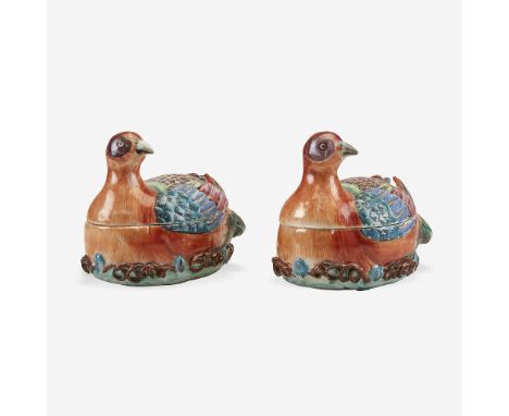 A rare pair of Chinese export porcelain tureens in the form of nesting partridgesQing Dynasty, Qianlong Period, circa 1760-17