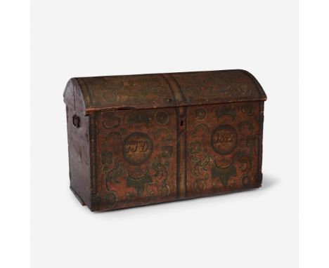 A Spanish Colonial polychrome painted traveling trunk dated 1842H: 27 1/2, W: 44 1/2, D: 22 in.