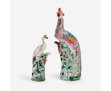 Two Chinese export porcelain polychrome enameled birds19th centuryThe first in the form of a cockerel, the second in the form