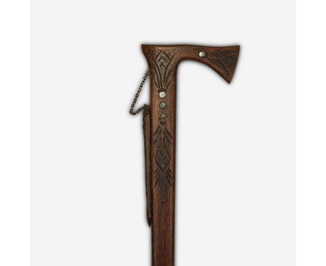 A folk iron and pine harmonica cane Late 19th/early 20th century The hatchet-form handle inset with mirrored glass pastilles,