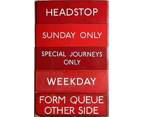 Selection (5 ) of London Transport bus stop enamel Q-PLATES comprising Headstop, Sunday Only, Special Journeys Only, Weekday 