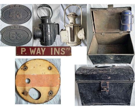 Small assortment (8 items ) of RAILWAYANA comprising 2 x LMS cast-iron BRIDGEPLATES '53' (original, unrestored condition, sma
