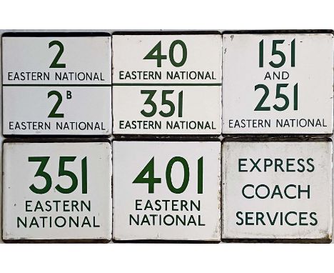 Selection (6 ) of London Transport bus stop enamel E-PLATES for Eastern National routes 2/2B, 40/351, 151 &amp; 251, 351, 401