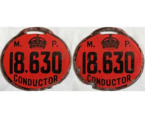 c1906 London bus conductor's double-sided enamel LICENCE BADGE no 18,630. Designed to hang from the lapel on a leather strap,