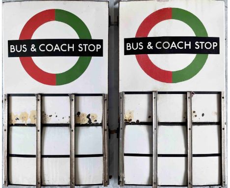 London Transport enamel BUS &amp; COACH STOP FLAG (compulsory). A 1950s/60s 'bullseye'-style, E9-size, double-sided 'boat'-ty