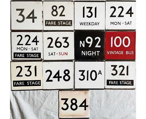 Selection (13) of London Transport bus stop enamel E-PLATES comprising routes 34, 82 Fare Stage, 131 Weekday, 224 Mon-Sat, 22