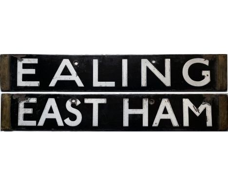 London Underground Q/CO/CP Stock enamel DESTINATION PLATE for Ealing/East Ham on the District Line. Double-sided with brass e