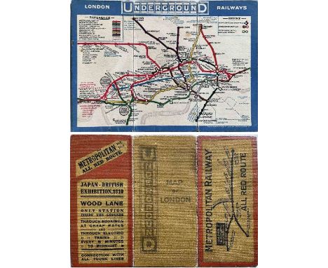 1910 London Underground linen-card POCKET MAP. Issued by the Metropolitan Railway (the 'All Red Route') to promote travel to 