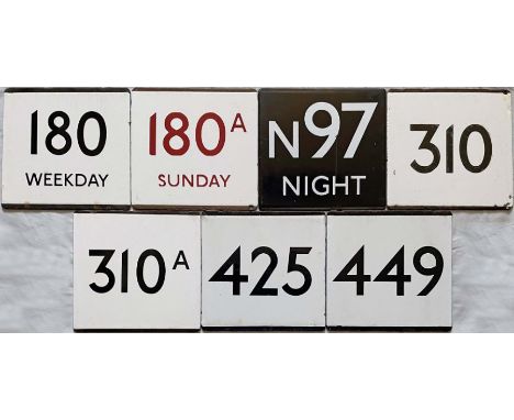 Selection (7) of London Transport bus stop enamel E-PLATES comprising 180 Weekday, 180A Sunday (red digits), N97 Night (black