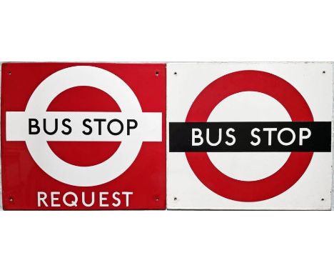 Pair of London Transport 1950s/60s single-sided enamel BUS STOP FLAGS. These are the less-common, slightly smaller versions d
