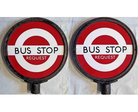 London Transport 'DOLLY' BUS STOP (Request), double-sided and comprising the complete head unit of two enamel plates in the o