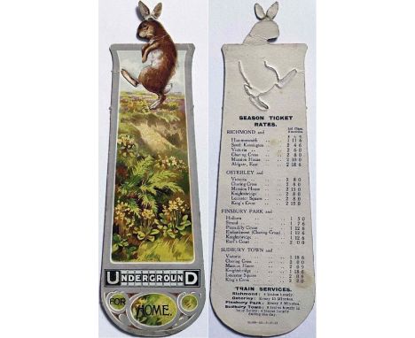 1912 London Underground card BOOKMARK 'Underground for Home'. Depicts a pop-up hare dancing in a field and the early 'Undergr