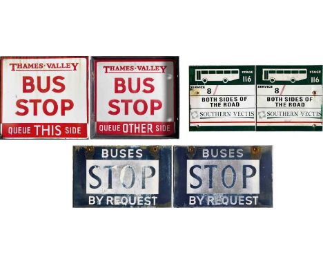 Selection (3) of double-sided BUS STOP FLAGS comprising enamel examples from Thames Valley (flanged sign, lightly weathered) 