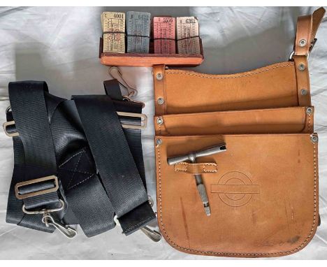 London Transport bus conductors' items (4) comprising a leather CASH BAG with BUDGET KEY,  a Gibson ticket machine WEBBING HA