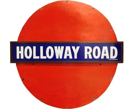 c1908 London Underground 'Bar &amp; Circle' enamel PLATFORM SIGN' from Holloway Road on the then Great Northern, Piccadilly &