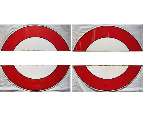 Two pairs of 1930s/40s London Underground enamel 'HALF-MOONS' from platform bullseye signs. Both have the pre-WW2 black linin