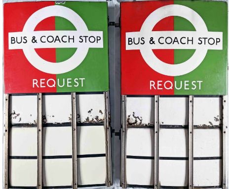 London Transport enamel BUS &amp; COACH STOP FLAG (request). A 1950s/60s 'bullseye'-style, E9-size, double-sided 'boat'-type 