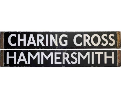 London Underground Q-Stock enamel DESTINATION PLATE for Charing Cross / Hammersmith on the District Line. A little longer tha