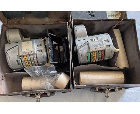 Pair of ex-London Country Bus Services Almex A TICKET MACHINES, both with well-used boxes, spare ticket rolls, backplates and