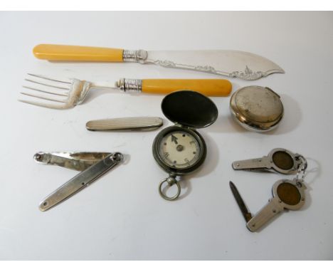 Hand held compass, snuff box, fish servers with silver collars, novelty pen knives etc 