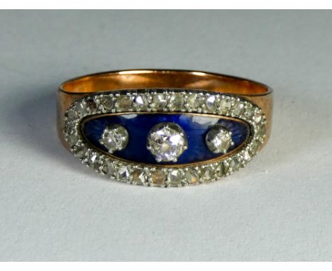 Victorian rose gold blue enamel and diamond ring, closed back setting, ring size M  Gross weight 2.4 grams, enamel intact, sh