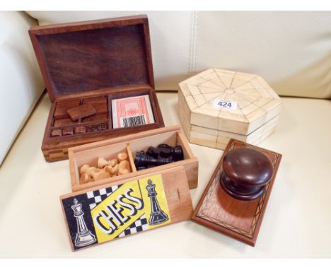 A small chess set, dominoes, card games, blotter, trinket box, two fountain pens etc  