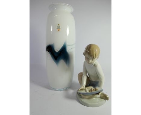 Copenhagen Art glass vase by Holme Gaard and a Nao figurine of a boy playing with a pond yacht, vase height 27cms