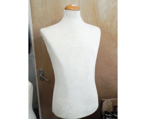 One male top half mannequin on wooden stand and two young children top half mannequin on wooden stand and two female hanging 