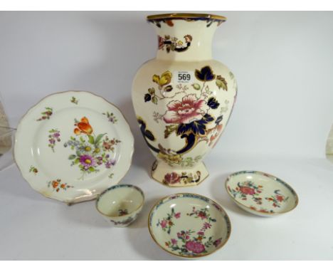 A Dresden cabinet plate painted with flowers, oriental tea bowls, saucers and a large masons Mandalay pattern vase 