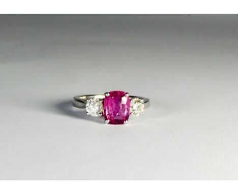 Platinum pink sapphire and diamond three stone ring, ring size K