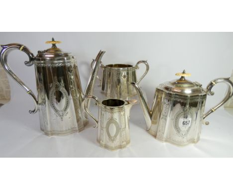 A Victorian four piece, silver plated, tea and coffee service in the neoclassical style with ivory finials and spacers