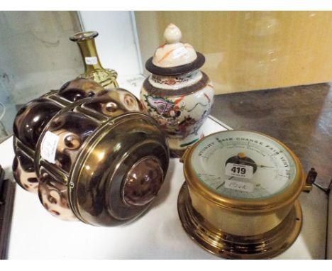 A brass ship barometer, Chinese jar, hanging light fitting and a Mary Gregory decanter with no stopper 