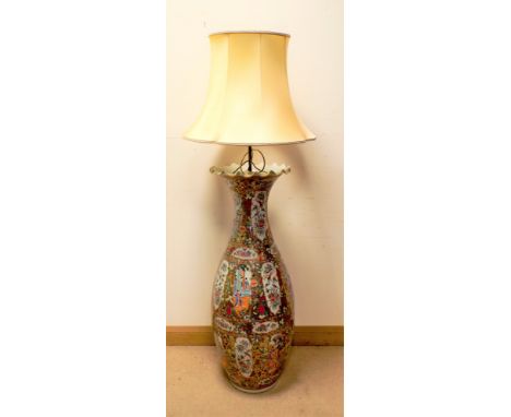 A large Chinese Famille rose vase converted to electricity with brass electric light fitting to the centre, vase height 1.10m