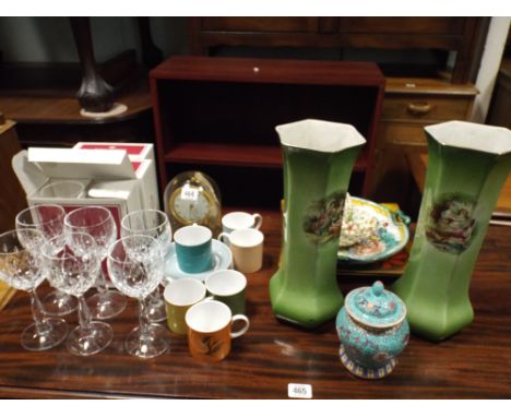 Twelve Royal Albert crystal wine glasses, clock under dome and six Susie Cooper coffee cups and saucers 