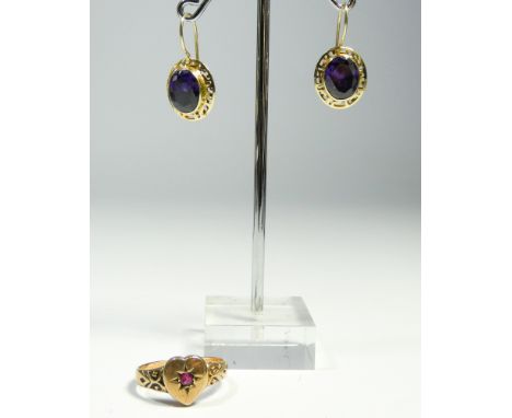 A pair of amethyst oval drop earrings, set in 14ct yellow gold,together with a 9ct gold heart shaped dress ring, set with a s