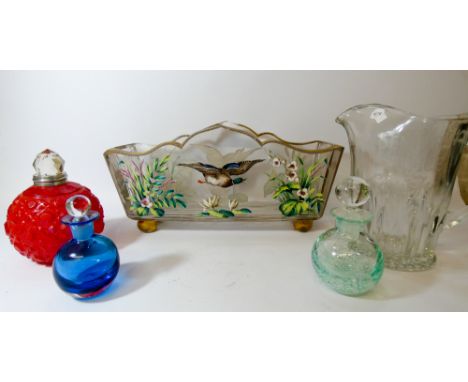 A pretty Edwardian painted glass flower trough decorated with flying mallard together with three scent bottles and a senior s