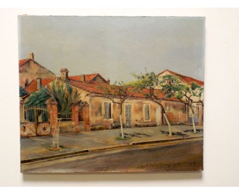 20th century French school study of a town signed Dela Taryche dated 1959 and an unframed oil on canvass 'Portrait of a lady'