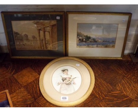 Two late 19th Century watercolours of Indian views and an oval watercolour portrait of a lady playing a mandolin