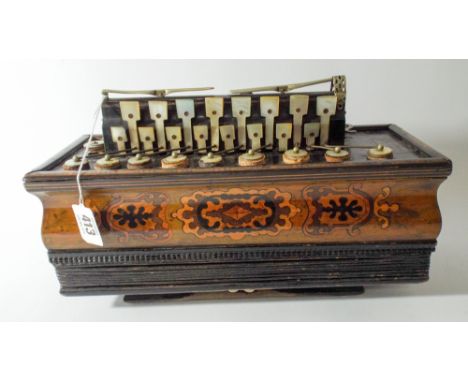 A small inlaid accordion by J Gregory of Nottingham, decorated bellows, inlaid wood with mother of pearl keys and accompanied