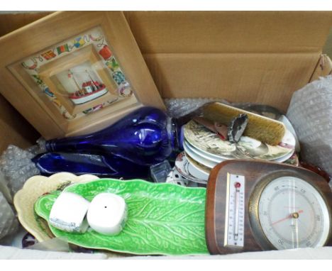 Two large boxes of assorted china, barometer etc 