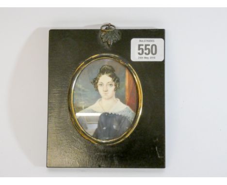 19th century watercolour miniature portrait of a young lady, on ivory panel in ebony frame.