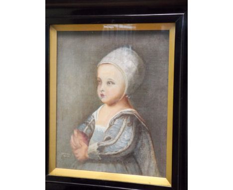 J Rowsell an oil on canvas portrait of a 17th century child signed and dated 1922, image size approx 28x23cms, framed and gla