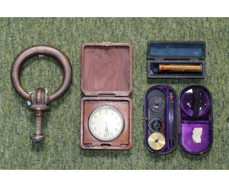 Heavy coppered Door Knocker, Deco travelling clock, Cased Ophthalmoscope &amp; Cased Eye glass 